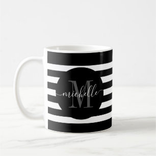 Black Stripe Monogram Cirkelscript Modern Elegant Koffiemok