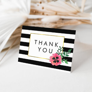 Black Stripe & Pink Floral Merci Cartes