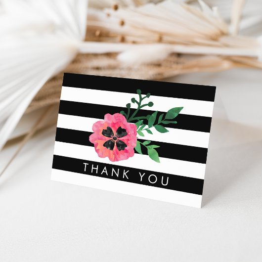 Black Stripe & Pink Floral Merci Cartes