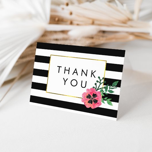 Black Stripe & Pink Floral Merci Cartes