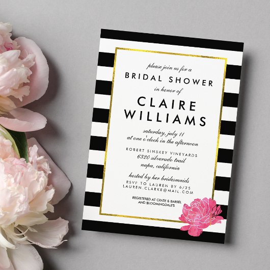 Black Stripe & Pink Peony Bridal Shower Kaart