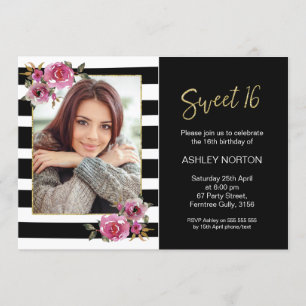 Black Striped Floral Sweet 16 Birthday Invitation Kaart