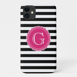 Black Striped Pattern Hot Pink Monogram iPhone 11 Hoesje