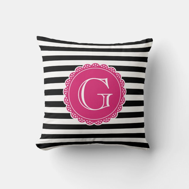 Black Striped Pattern Hot Pink Monogram Kussen (Voorkant)