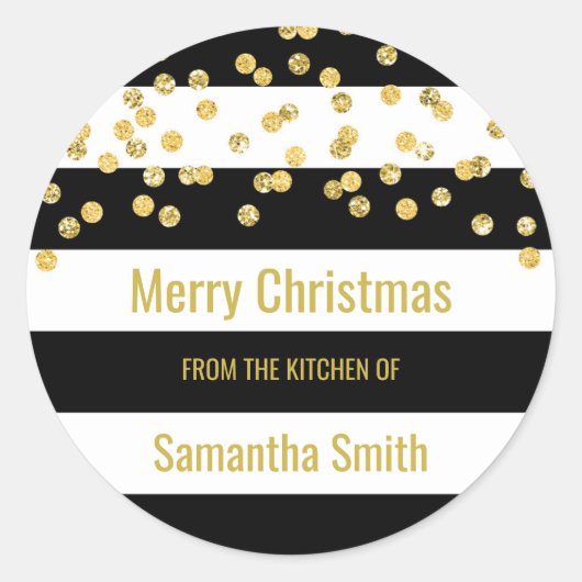 Black Stripes Gold Confetti Kerstbakken Ronde Sticker (Voorkant)