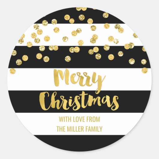 Black Stripes Gold Confetti Merry Christmas Custom Ronde Sticker (Voorkant)