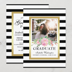 Black Stripes Gold Floral Gradual Party Foto Kaart