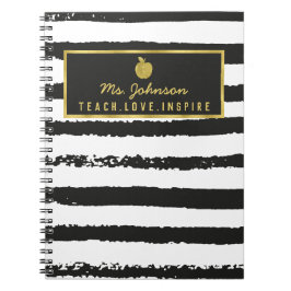 Black Stripes Gold Foil Apple | Naam leraar Notitieboek