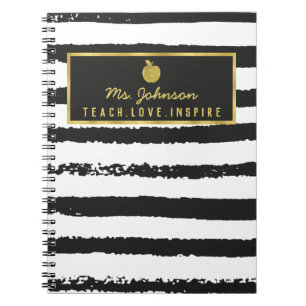 Black Stripes Gold Foil Apple   Naam leraar Notitieboek