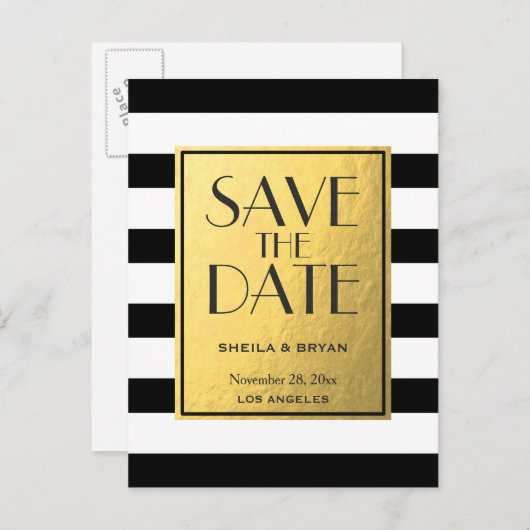 Black Stripes Gold Foil Enregistrer la date carte  (Devant / Derrière)