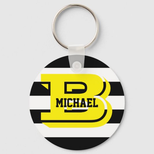 Black Stripes Monogram Button Key Ring Sleutelhanger (Voorkant)