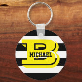 Black Stripes Monogram Button Key Ring Sleutelhanger (Voorkant)