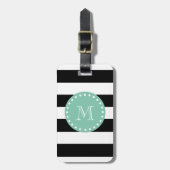 Black Stripes Pattern, Mint Green Monogram Bagagelabel (Voorkant verticaal)