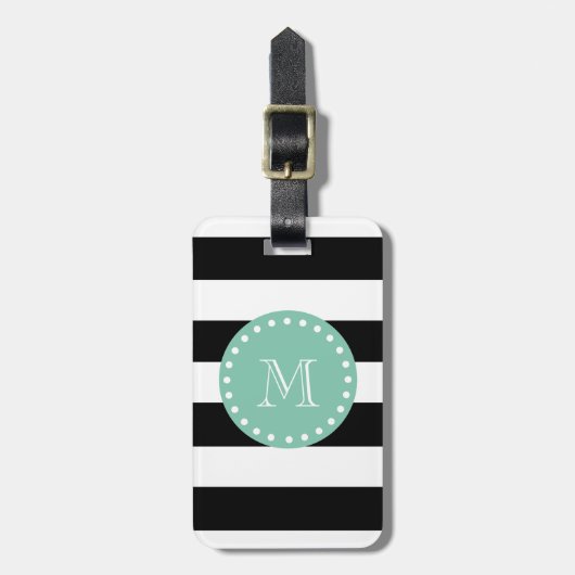 Black Stripes Pattern, Mint Green Monogram Bagagelabel (Voorkant verticaal)