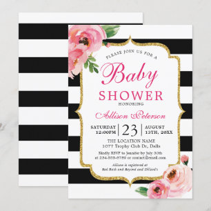 Black Stripes Pink Floral Baby shower Invitation Kaart