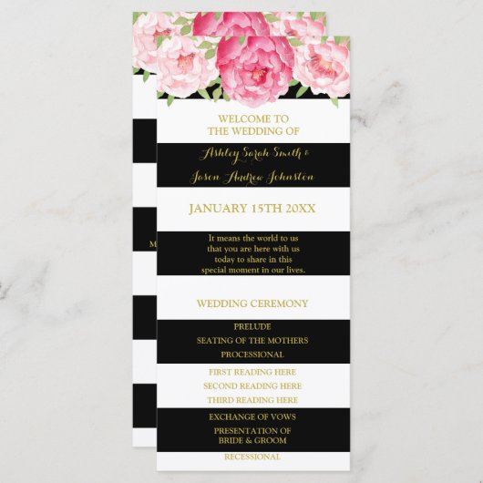 Black Stripes Pink Watercolor Programme de mariage (Devant / Derrière)