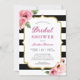 Black Stripes rose Floral Invitation à la douche n