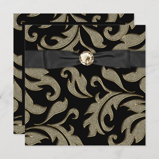 Black Stropdas Black Gold Damask Party Invitation Kaart (Voorkant / Achterkant)