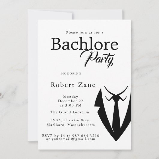 Black Suit & Tie Men's Bachelor Party Invitation (Devant)