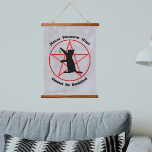 Black Summon Cat Star Red Pentagram op grijs Hangend Wandkleed
