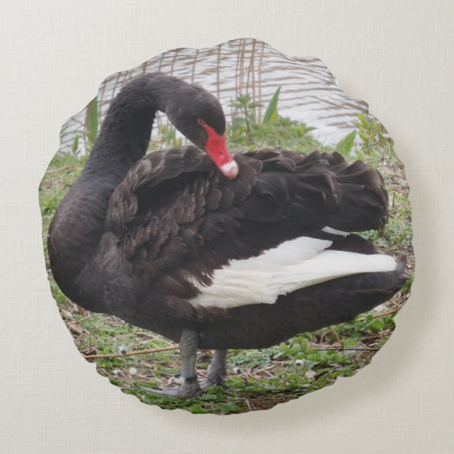 Black Swan Round Pillow Rond Kussen (Achterkant)