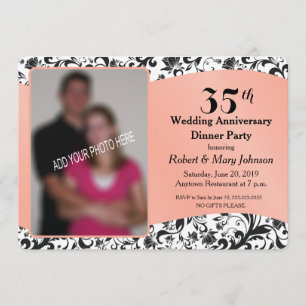 Black Swirl & Coral 35th Wedding Jubileum Foto Kaart