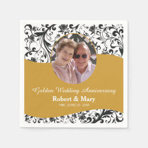 Black Swirl & Gold Jubileum 50th Wedding Servetten