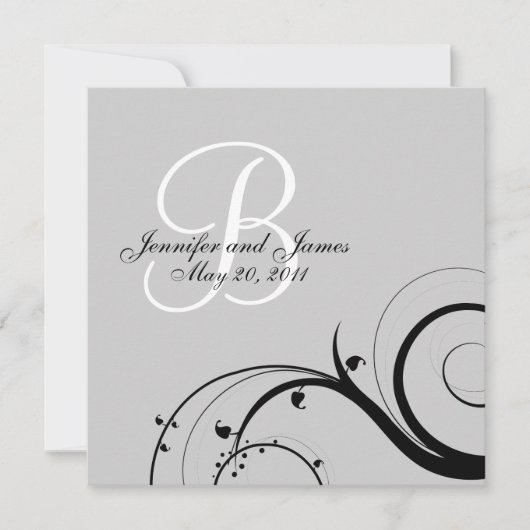 Black Swirl Monogram B Gray Wedding Invitations Kaart (Voorkant)