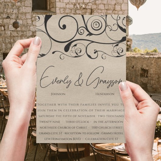 Black Swirl Wedding Invitations Kaart