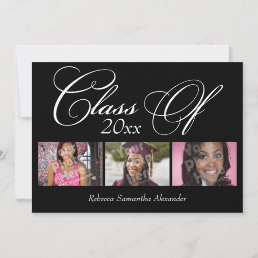 Black Swirly Script 3-Photo-Afstuderen Kaart (Voorkant)