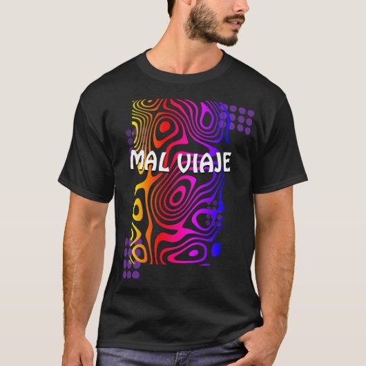 Black t-shirt with multicolored design. (Devant)