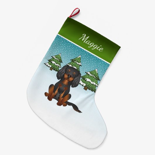 Black Tan Cavalier King Charles Spaniel in Winter Grote Kerstsok (Voorkant (Hangend))