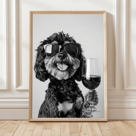 Black & Tan Cavapoo Drinking Wine Wall Art, Black Poster