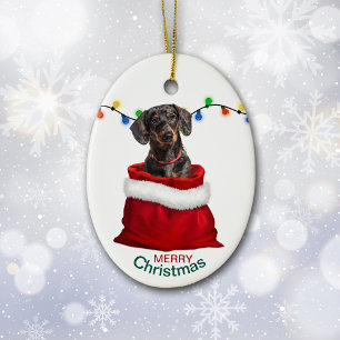 Black Tan Dachshund Dog in Holiday Gift Bag Keramisch Ornament