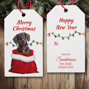 Black Tan Dachshund Dog in Santa Bag Cadeaulabel