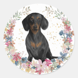 Black Tan Dachshund Spring Flowers Wreater Ronde Sticker