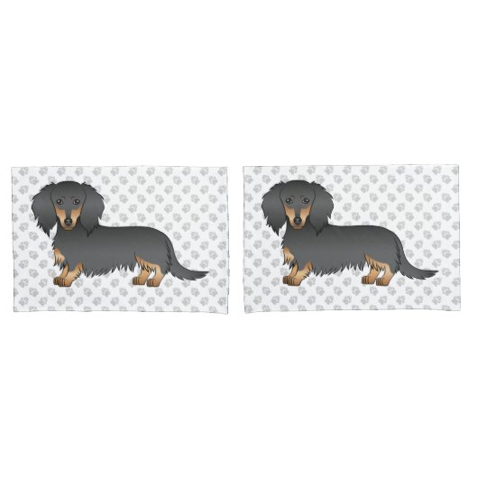 Black & Tan Long Hair Dachshund Cartoon Dog & Paws Kussensloop (Voorkant-Set)