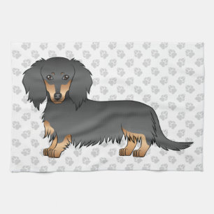 Black & Tan Long Hair Dachshund Cartoon Dog & Paws Theedoek