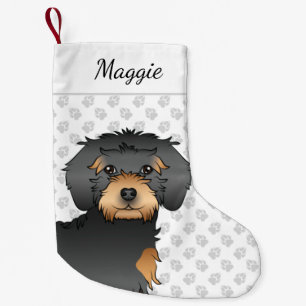 Black & Tan Mini Goldendoodle Mopshoofd & Naam Kleine Kerstsok