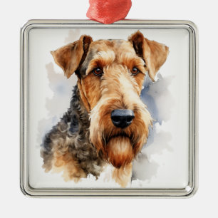 BLACK & TAN WATERVERF AIREDALE TERRIER METALEN ORNAMENT