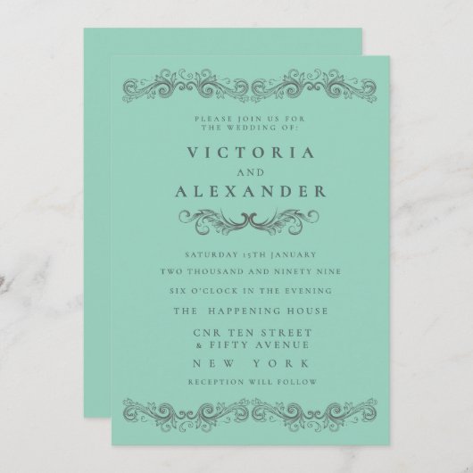 Black Teal Flourish Elegant Any Time Wedding Kaart (Voorkant / Achterkant)