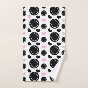 Black Tennis Balls Pattern and Pink Hearts Love Handdoek