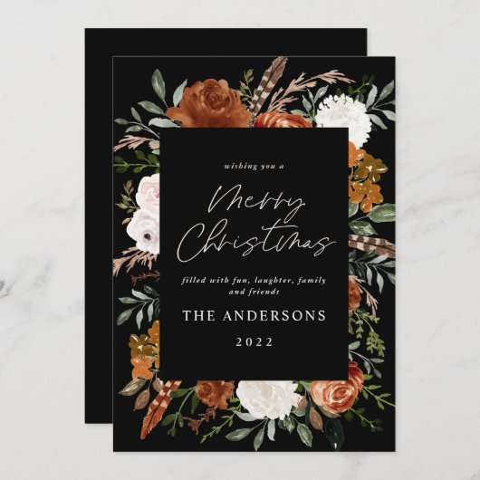 Black terracotta floral botanical elegant script h feestdagenkaart (Voorkant / Achterkant)