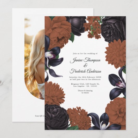 Black & Terracotta Photo/QR Code Floral Wedding Kaart (Voorkant / Achterkant)