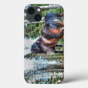 Black Thoroughbred Percheron Horse, Jumping logs iPhone 13 Hoesje