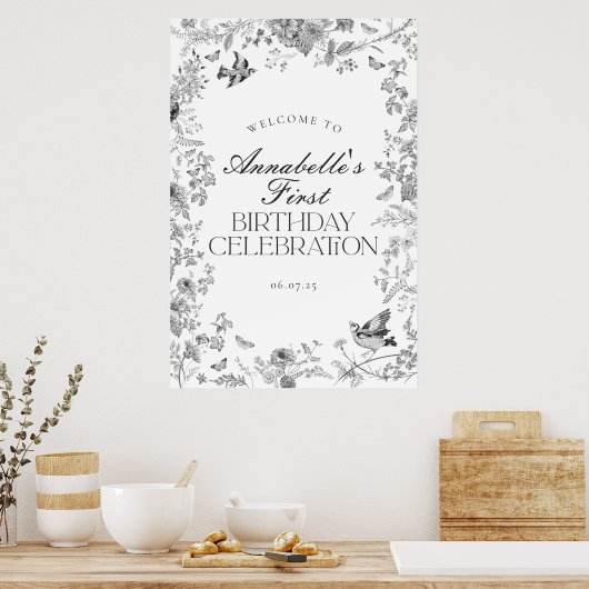 Black Toile Bloemen Verjaardagsfeest Welkomstbord Poster (Keuken)
