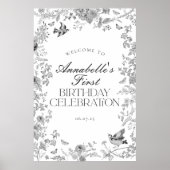 Black Toile Bloemen Verjaardagsfeest Welkomstbord Poster (Voorkant)