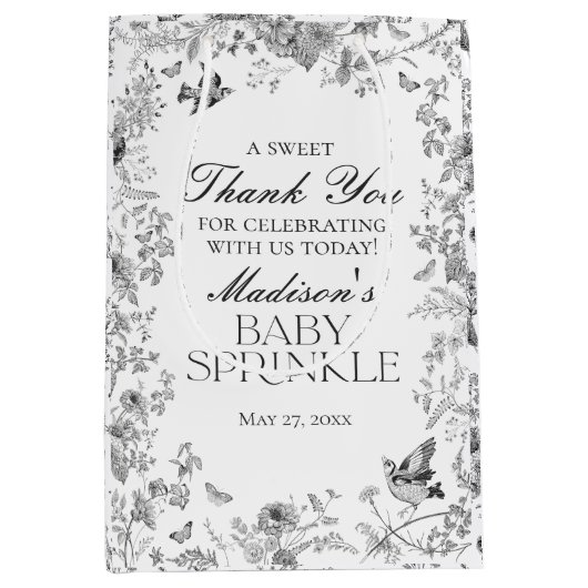 Black Toile De Jouy Baby Sprinkle Favors Medium Cadeauzakje (Voorkant)