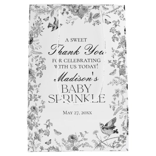 Black Toile De Jouy Baby Sprinkle Favors Medium Cadeauzakje (Achterkant)