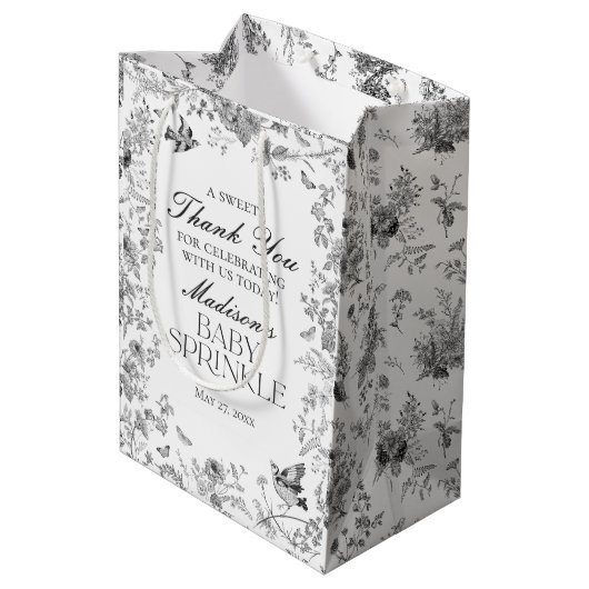 Black Toile De Jouy Baby Sprinkle Favors Medium Cadeauzakje (Achterkant Gekanteld)
